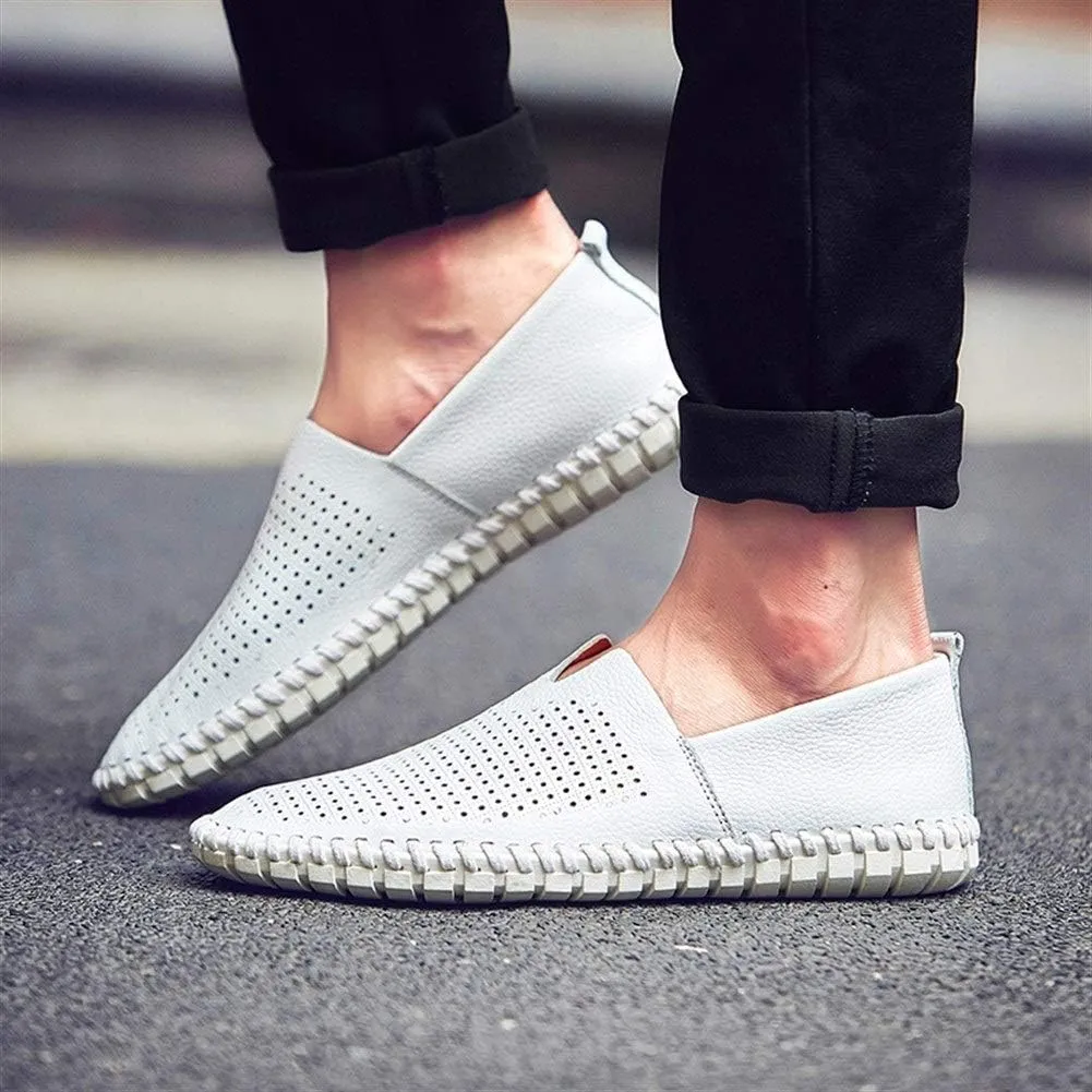 Driving Loafer for Men Casual Shoes Slip on Synthetic Leather Round Toe Solid Color Stitching Rubber Sole Splice Antislip (Perforated Option)
