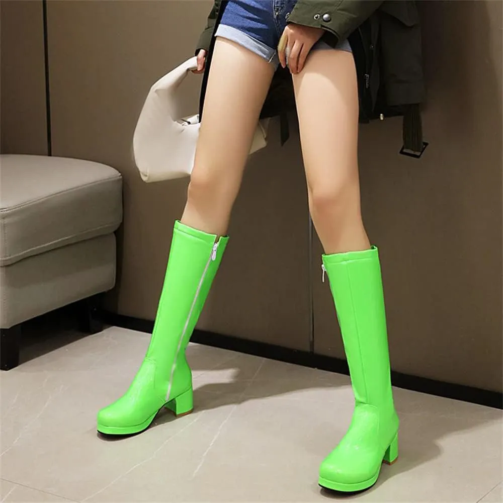 Elbslutt Women's Gogo Boots Knee High Patent Leather Chunky Block Heels Wide Calf Go Boots Zip Up 70s Disco Dance Shoes