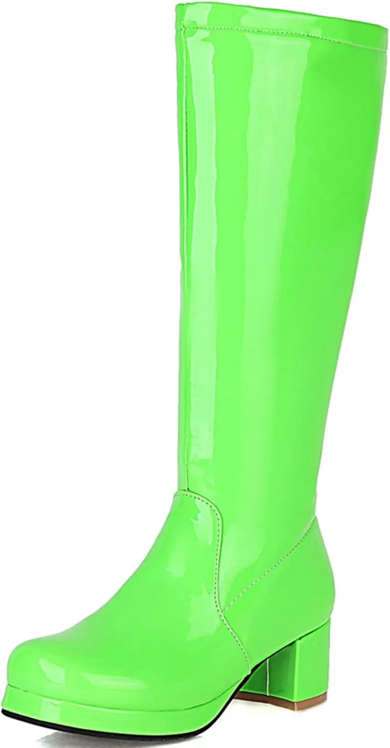 Elbslutt Women's Gogo Boots Knee High Patent Leather Chunky Block Heels Wide Calf Go Boots Zip Up 70s Disco Dance Shoes