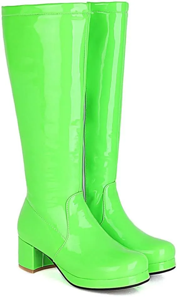 Elbslutt Women's Gogo Boots Knee High Patent Leather Chunky Block Heels Wide Calf Go Boots Zip Up 70s Disco Dance Shoes