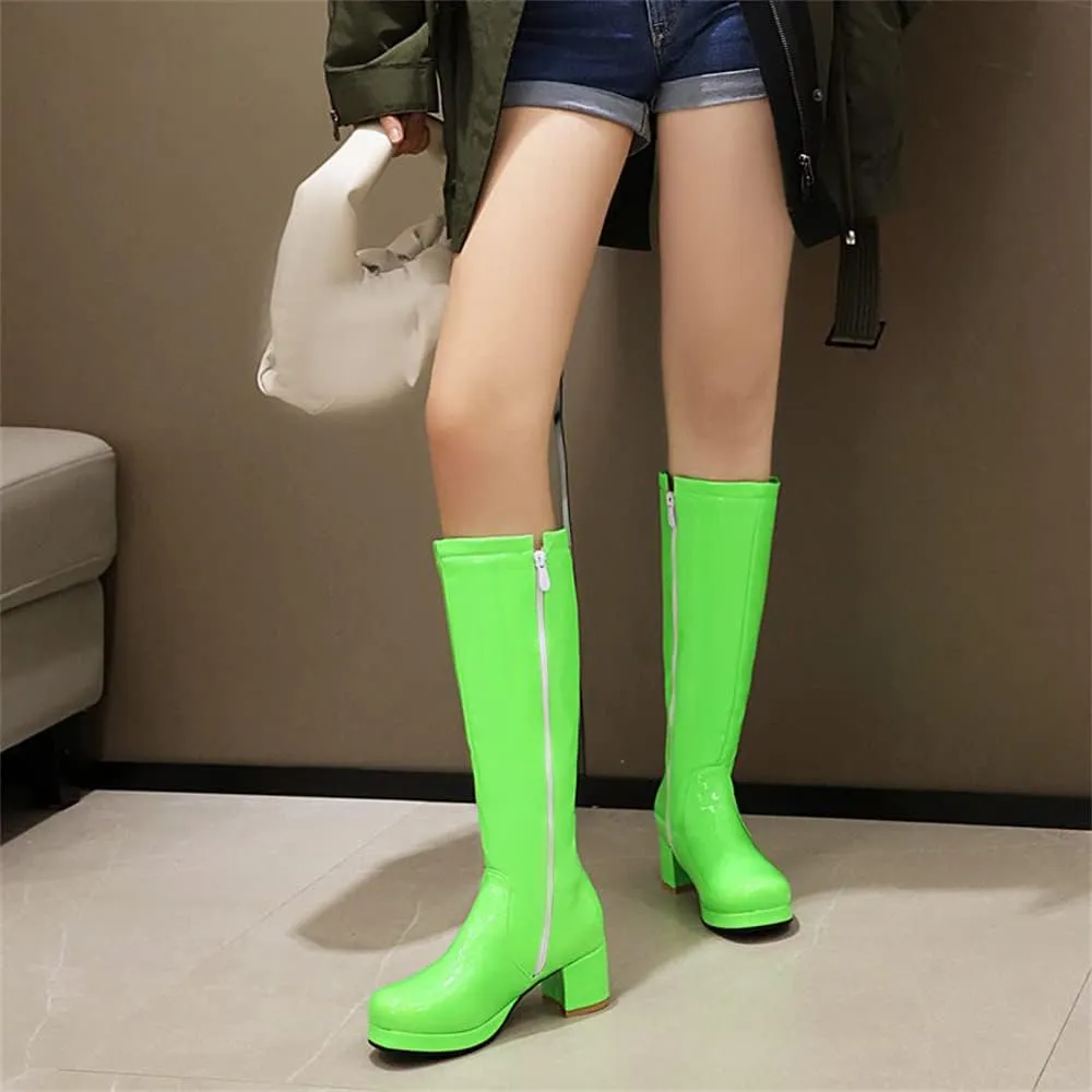 Elbslutt Women's Gogo Boots Knee High Patent Leather Chunky Block Heels Wide Calf Go Boots Zip Up 70s Disco Dance Shoes