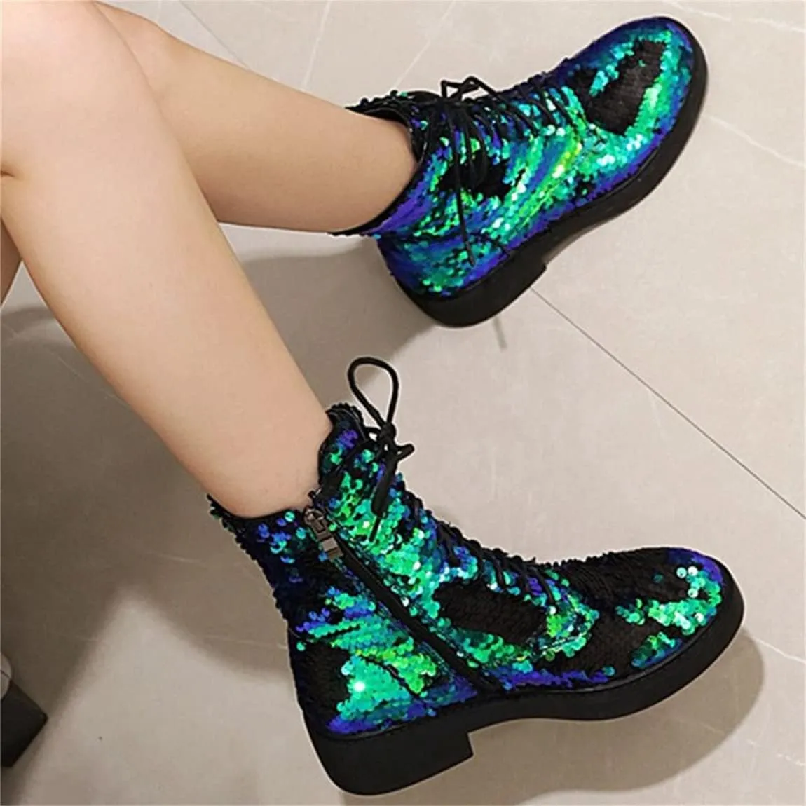 Elbslutt Women's Lace Up Glitter Combat Boots Low Chunky Heel Sequin Ankle Booties With Zip Up