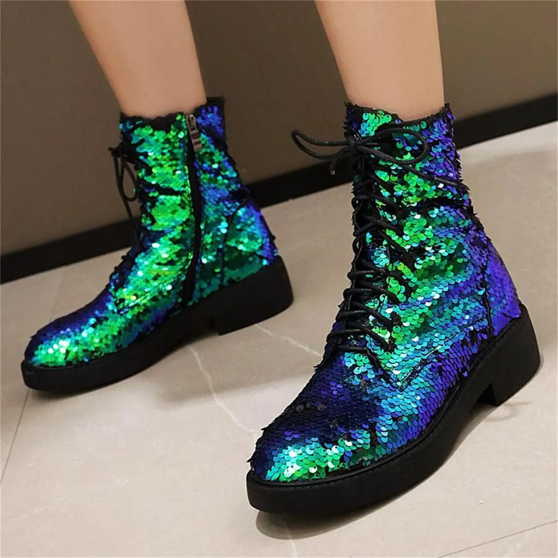 Elbslutt Women's Lace Up Glitter Combat Boots Low Chunky Heel Sequin Ankle Booties With Zip Up