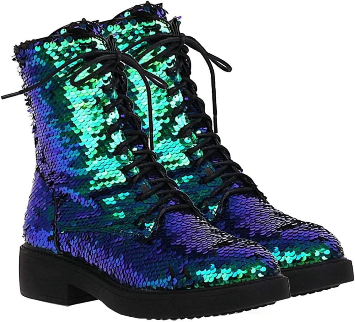Elbslutt Women's Lace Up Glitter Combat Boots Low Chunky Heel Sequin Ankle Booties With Zip Up