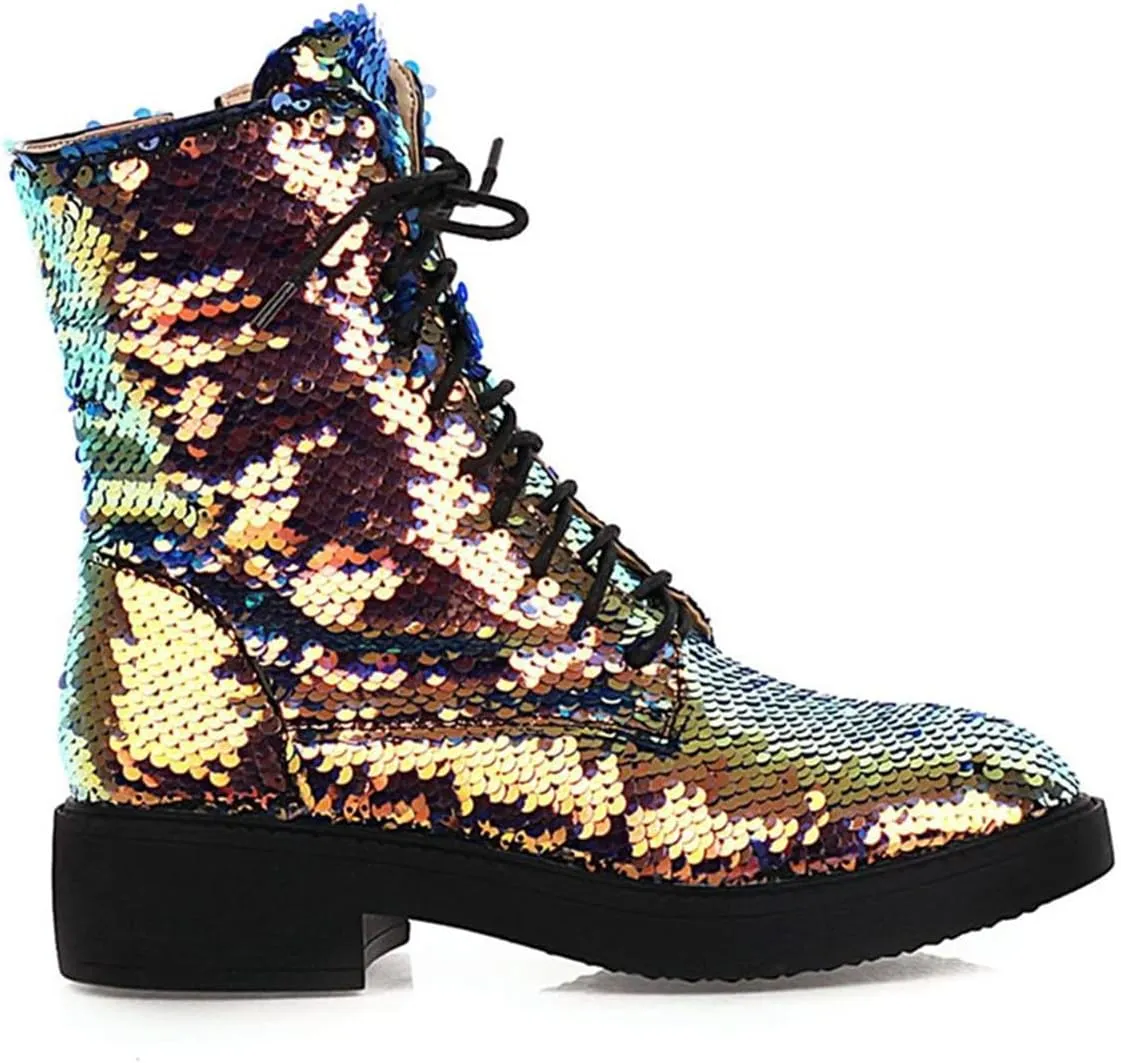 Elbslutt Women's Lace Up Glitter Combat Boots Low Chunky Heel Sequin Ankle Booties With Zip Up