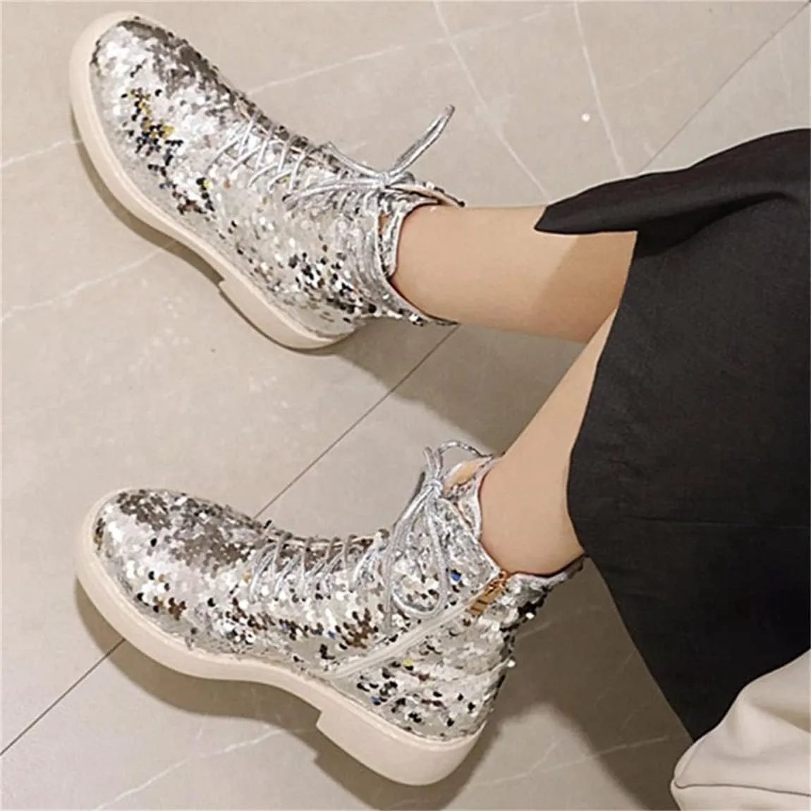 Elbslutt Women's Lace Up Glitter Combat Boots Low Chunky Heel Sequin Ankle Booties With Zip Up