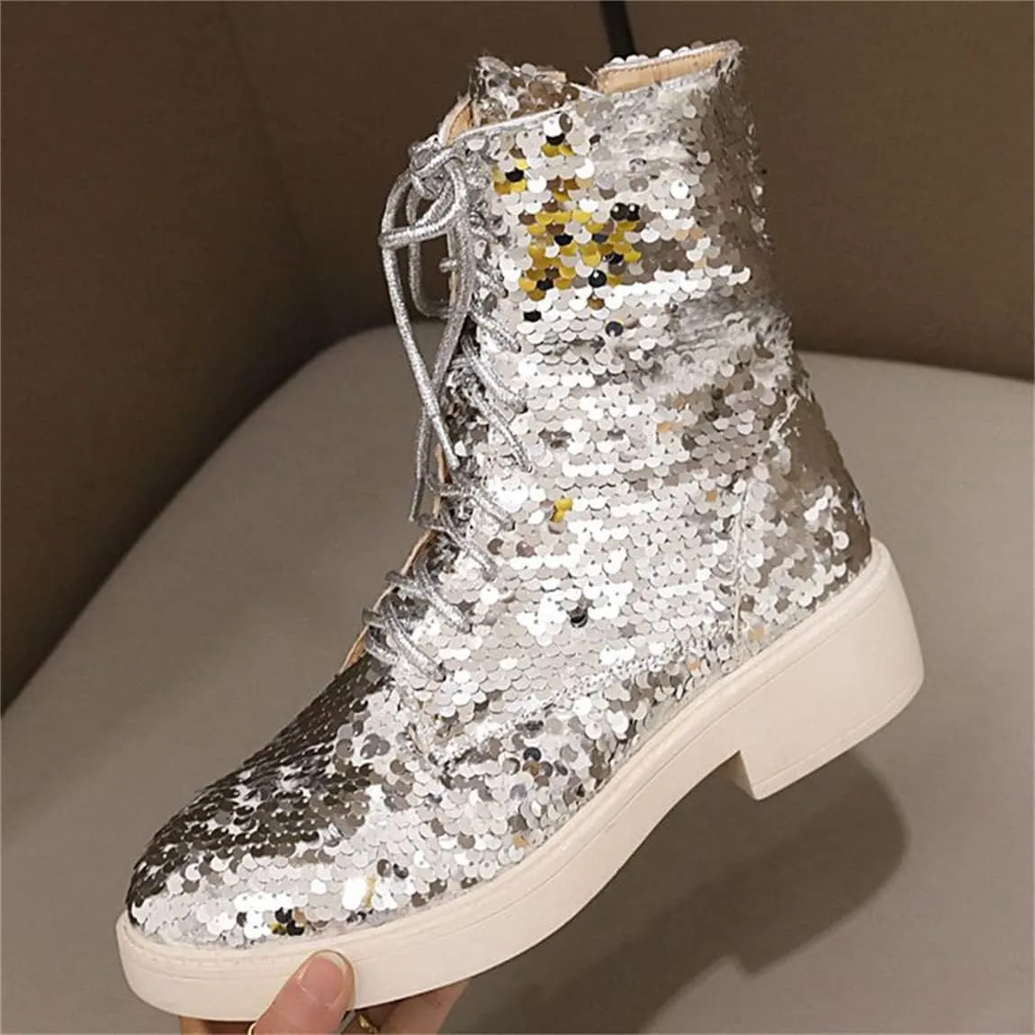 Elbslutt Women's Lace Up Glitter Combat Boots Low Chunky Heel Sequin Ankle Booties With Zip Up