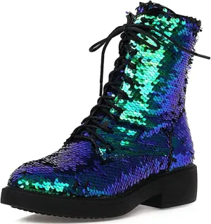 Elbslutt Women's Lace Up Glitter Combat Boots Low Chunky Heel Sequin Ankle Booties With Zip Up