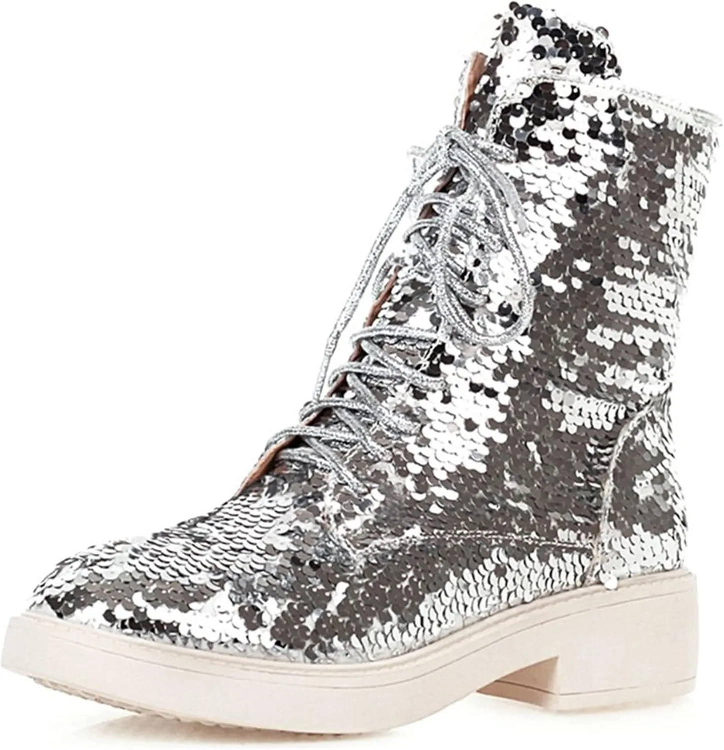 Elbslutt Women's Lace Up Glitter Combat Boots Low Chunky Heel Sequin Ankle Booties With Zip Up