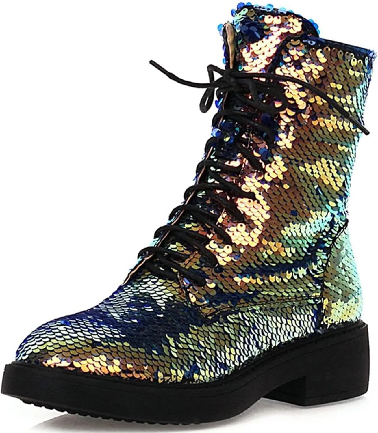 Elbslutt Women's Lace Up Glitter Combat Boots Low Chunky Heel Sequin Ankle Booties With Zip Up