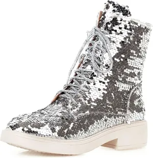 Elbslutt Women's Lace Up Glitter Combat Boots Low Chunky Heel Sequin Ankle Booties With Zip Up