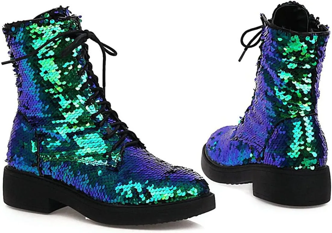 Elbslutt Women's Lace Up Glitter Combat Boots Low Chunky Heel Sequin Ankle Booties With Zip Up