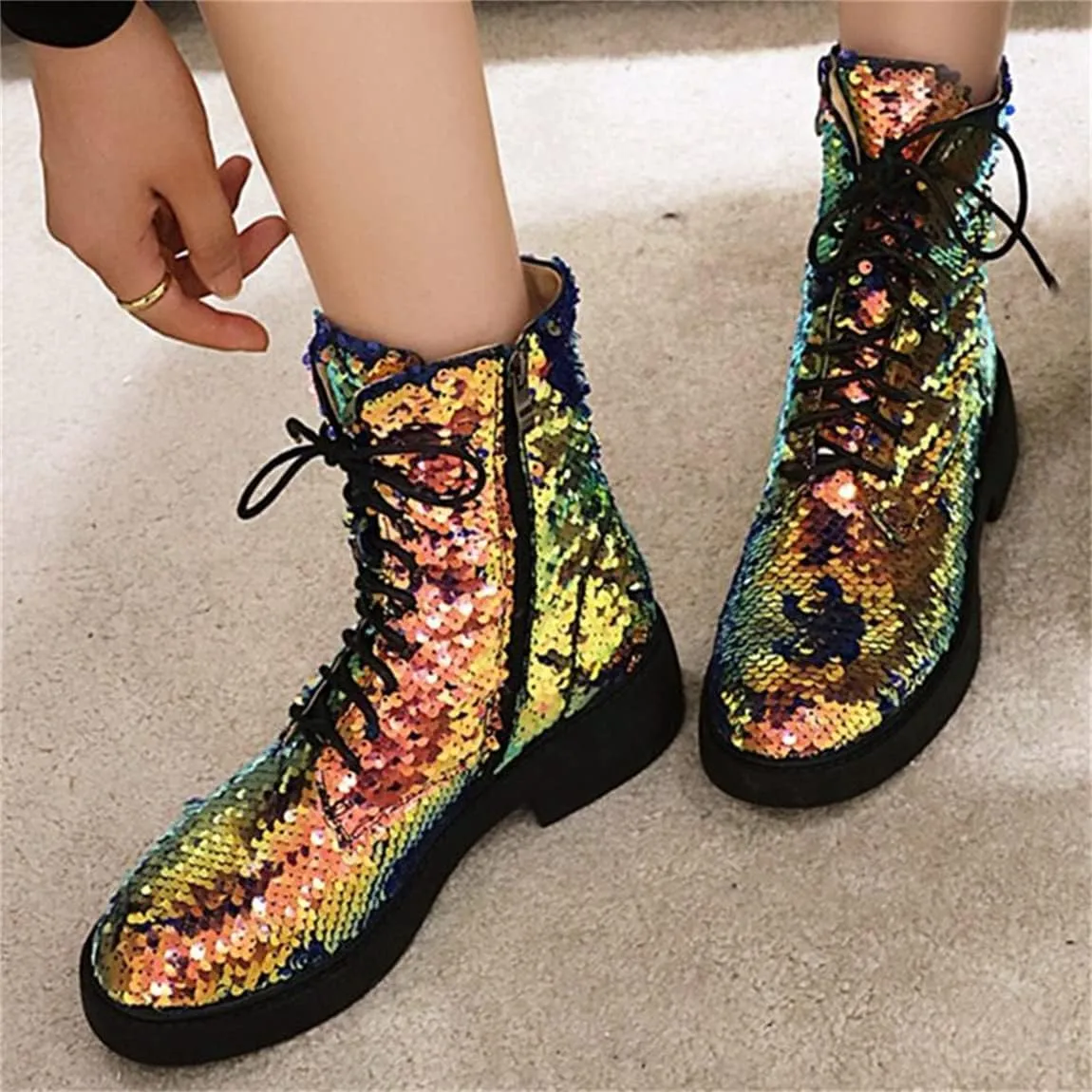 Elbslutt Women's Lace Up Glitter Combat Boots Low Chunky Heel Sequin Ankle Booties With Zip Up