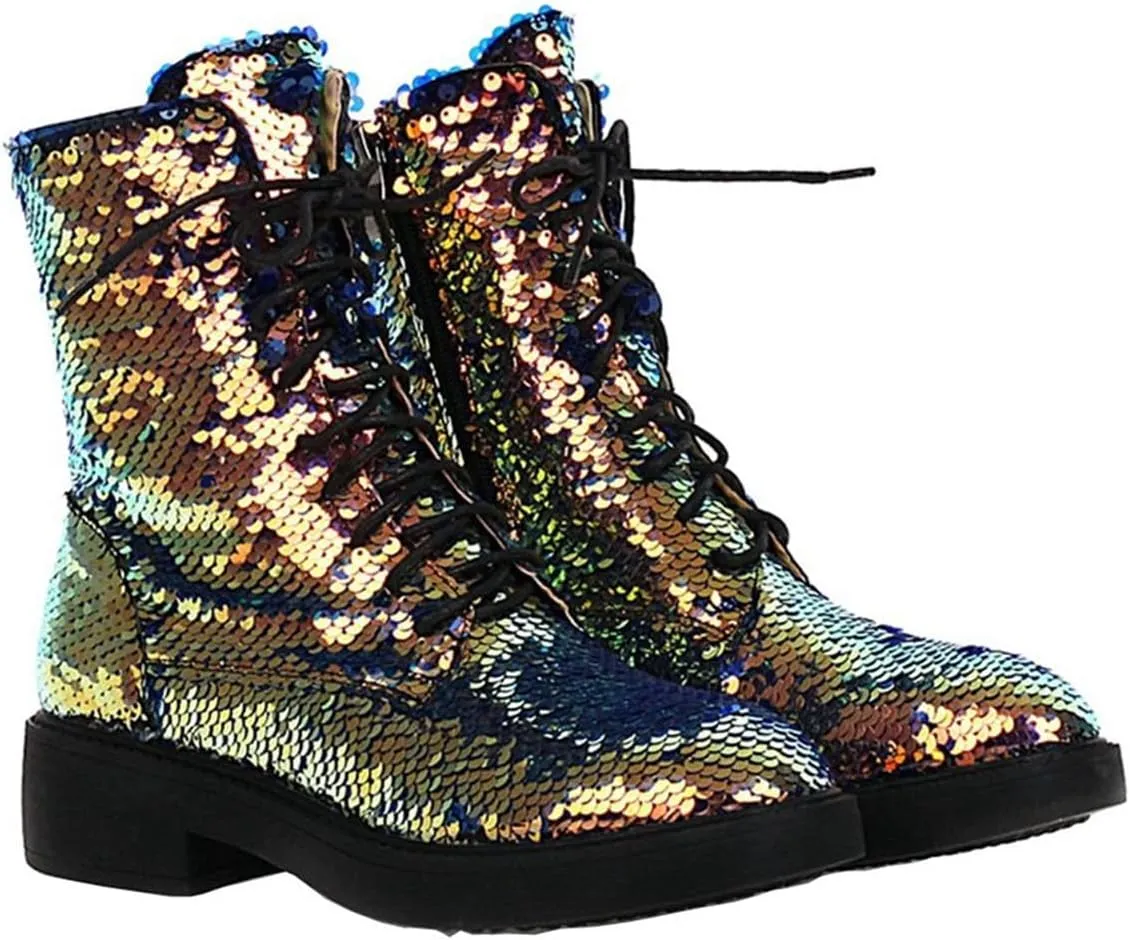 Elbslutt Women's Lace Up Glitter Combat Boots Low Chunky Heel Sequin Ankle Booties With Zip Up