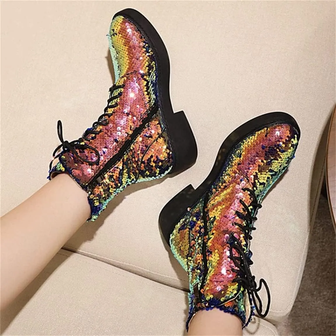 Elbslutt Women's Lace Up Glitter Combat Boots Low Chunky Heel Sequin Ankle Booties With Zip Up