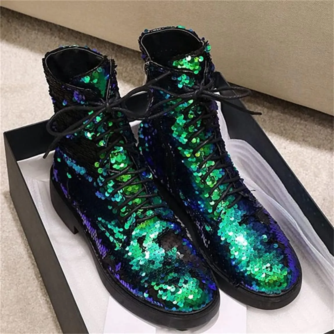 Elbslutt Women's Lace Up Glitter Combat Boots Low Chunky Heel Sequin Ankle Booties With Zip Up