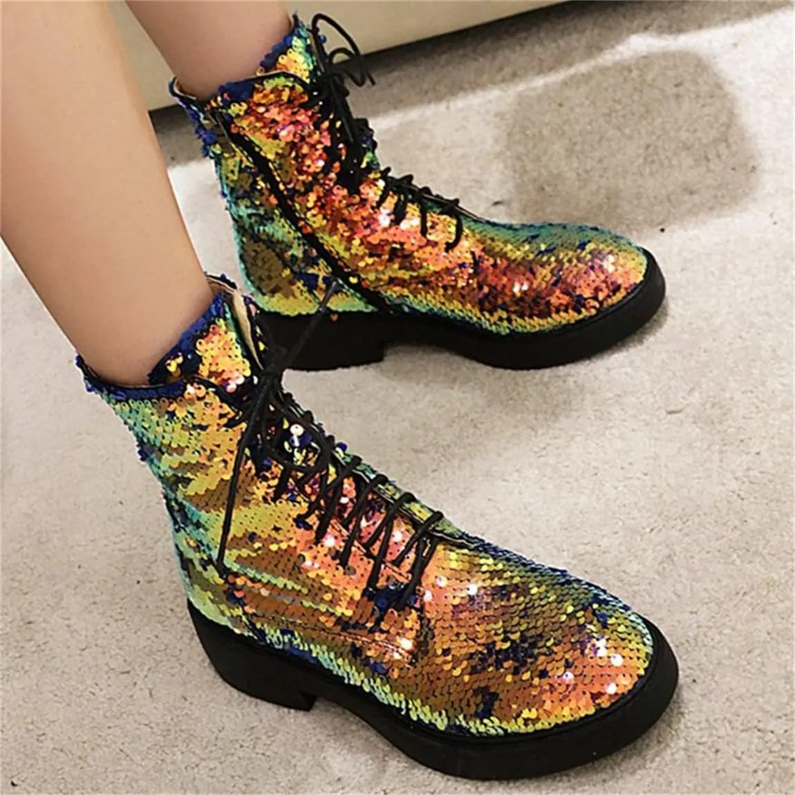 Elbslutt Women's Lace Up Glitter Combat Boots Low Chunky Heel Sequin Ankle Booties With Zip Up