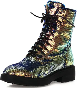 Elbslutt Women's Lace Up Glitter Combat Boots Low Chunky Heel Sequin Ankle Booties With Zip Up