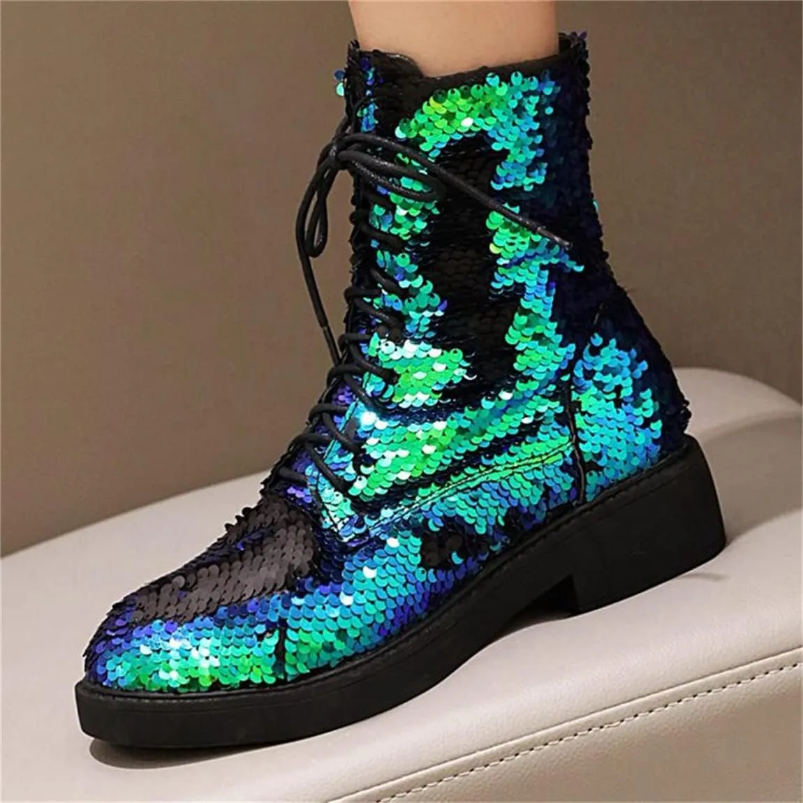 Elbslutt Women's Lace Up Glitter Combat Boots Low Chunky Heel Sequin Ankle Booties With Zip Up