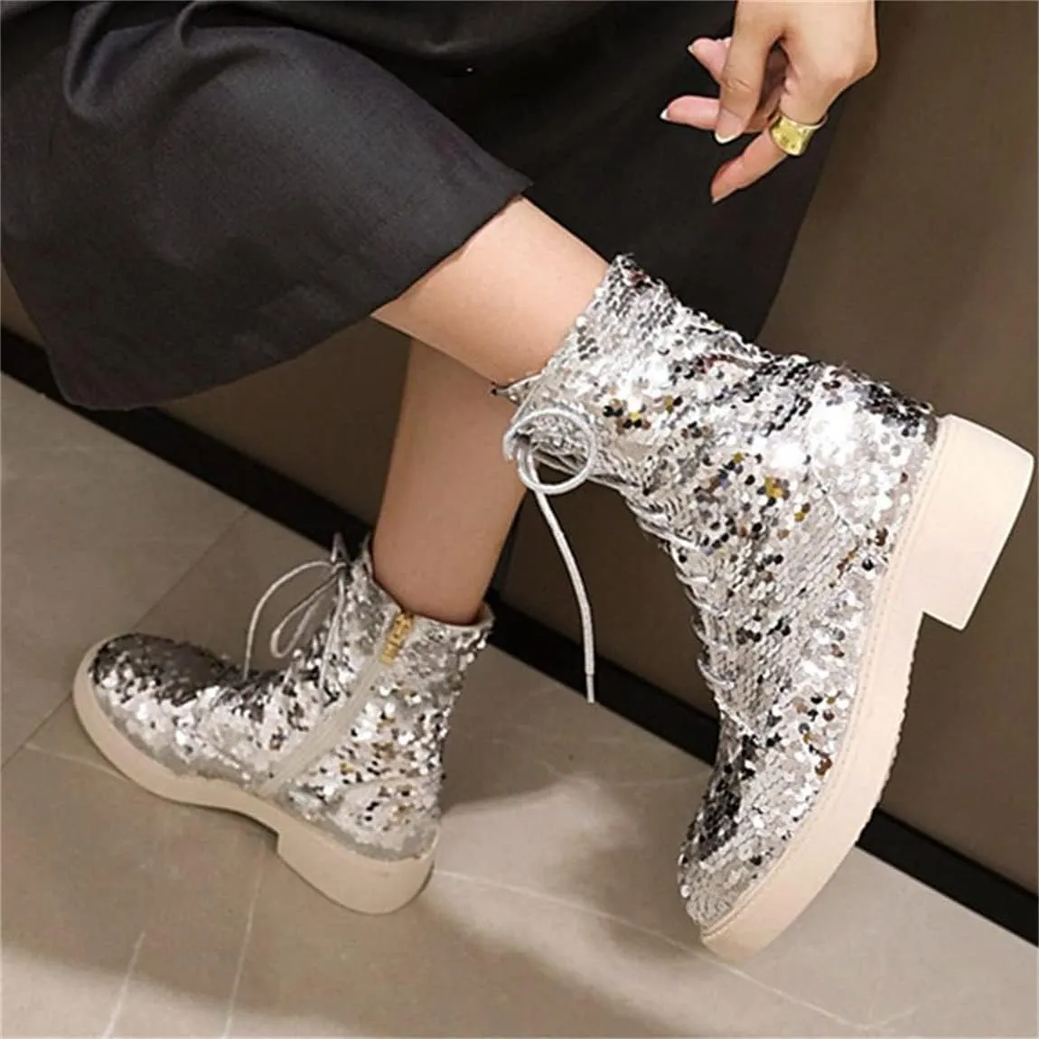 Elbslutt Women's Lace Up Glitter Combat Boots Low Chunky Heel Sequin Ankle Booties With Zip Up