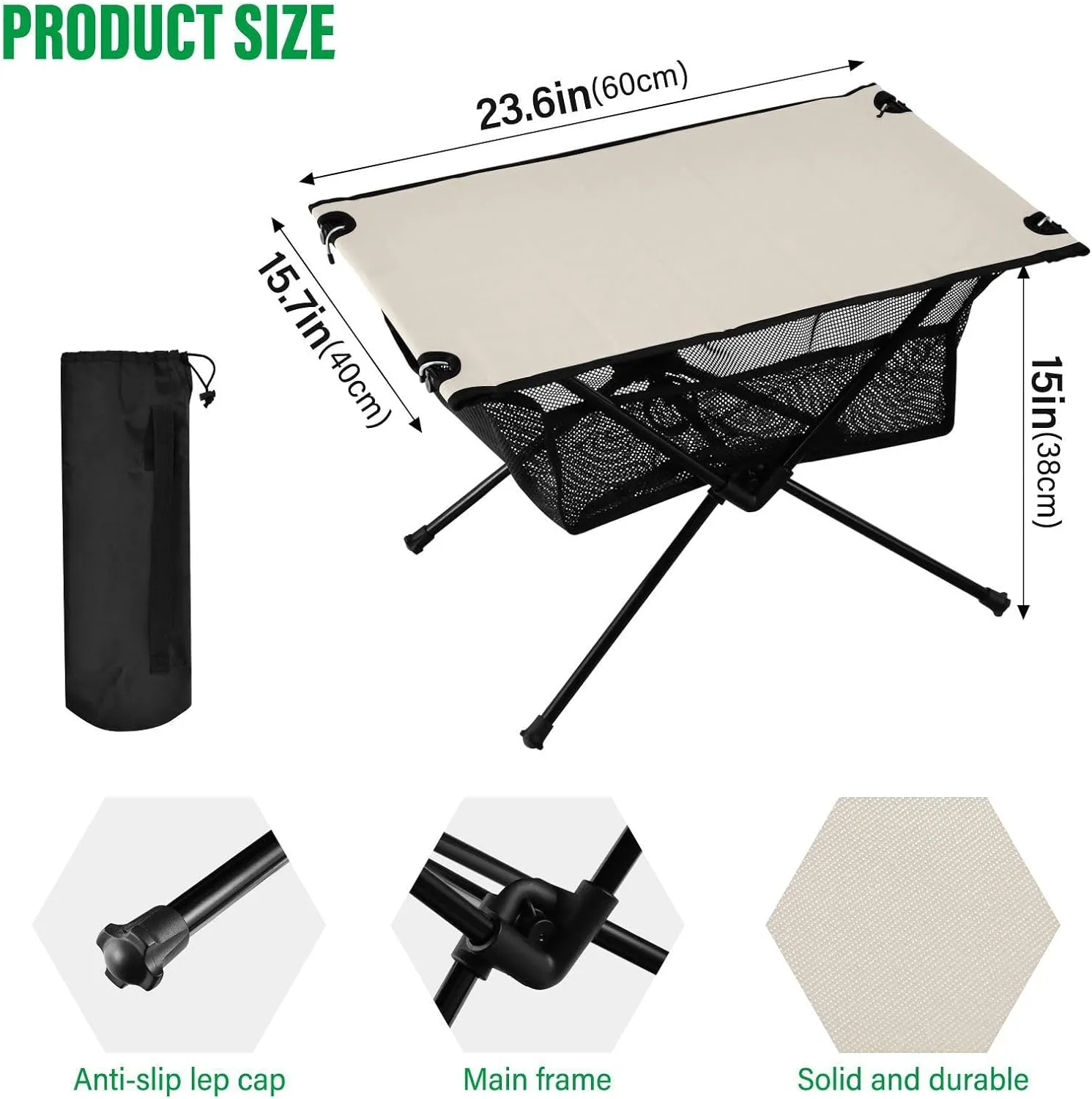 Emelivor Beige Folding Camping Table Portable Beach Table with Carry Bag Small Camping Side Table for Outdoor Picnic Camping Travel Fishing