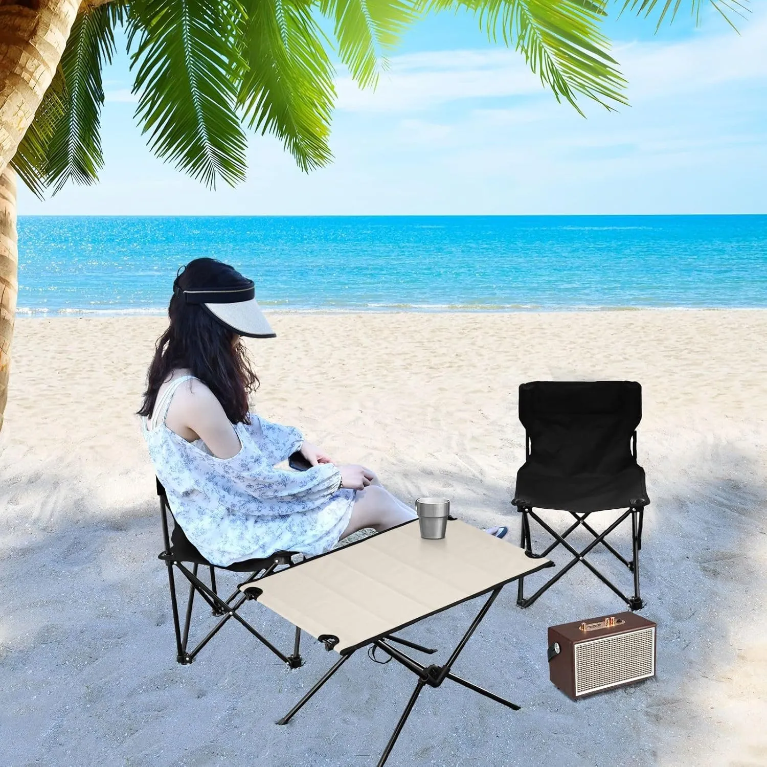 Emelivor Beige Folding Camping Table Portable Beach Table with Carry Bag Small Camping Side Table for Outdoor Picnic Camping Travel Fishing