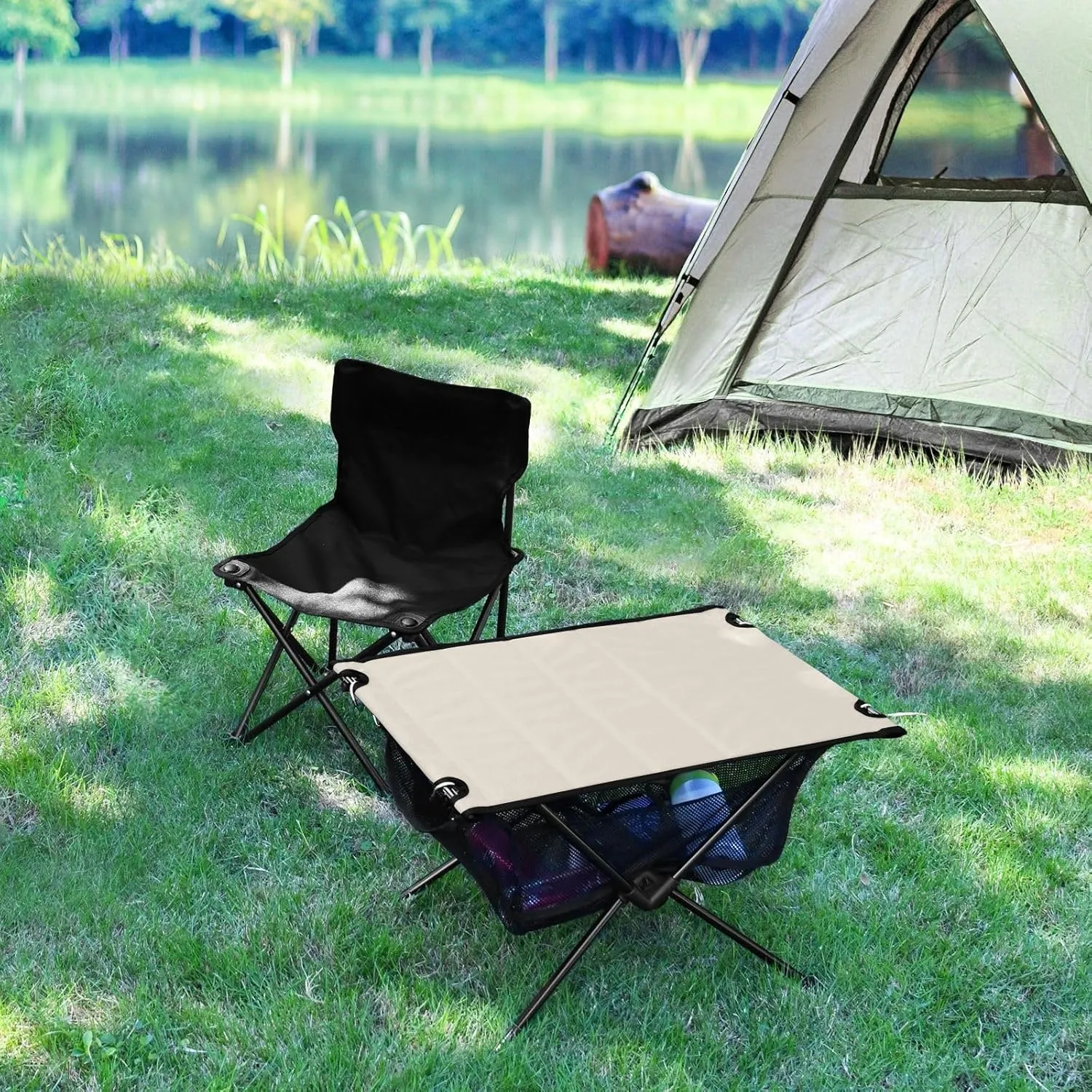 Emelivor Beige Folding Camping Table Portable Beach Table with Carry Bag Small Camping Side Table for Outdoor Picnic Camping Travel Fishing