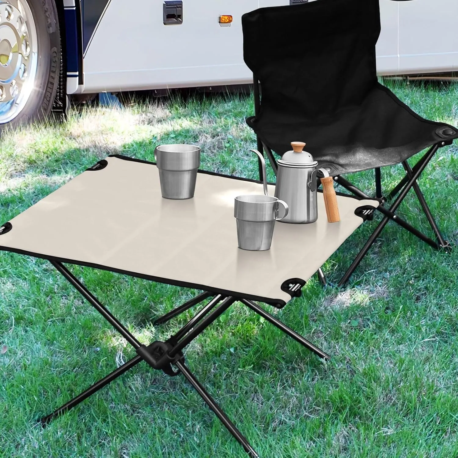 Emelivor Beige Folding Camping Table Portable Beach Table with Carry Bag Small Camping Side Table for Outdoor Picnic Camping Travel Fishing