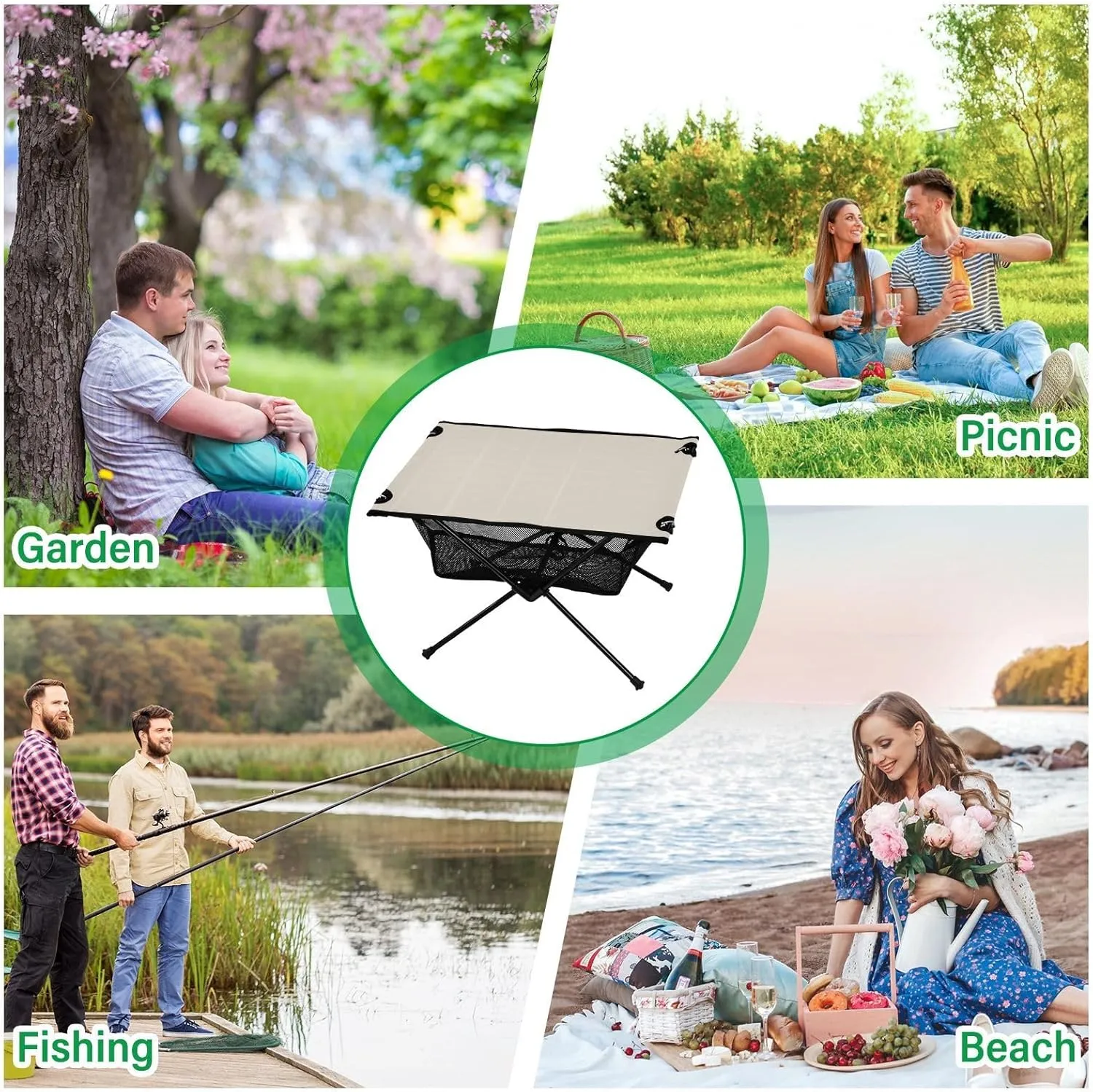 Emelivor Beige Folding Camping Table Portable Beach Table with Carry Bag Small Camping Side Table for Outdoor Picnic Camping Travel Fishing
