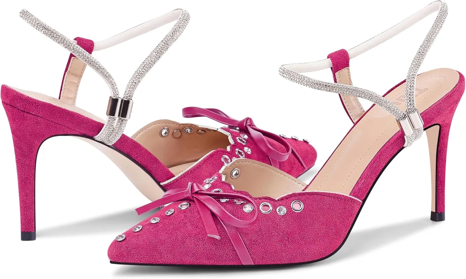 Fericzot Women's Pointed Toe Bow Tie Mule Heels Adjustable Strap Backless Studded Stilettos Slip On Dress Pump Shoes Party Wedding