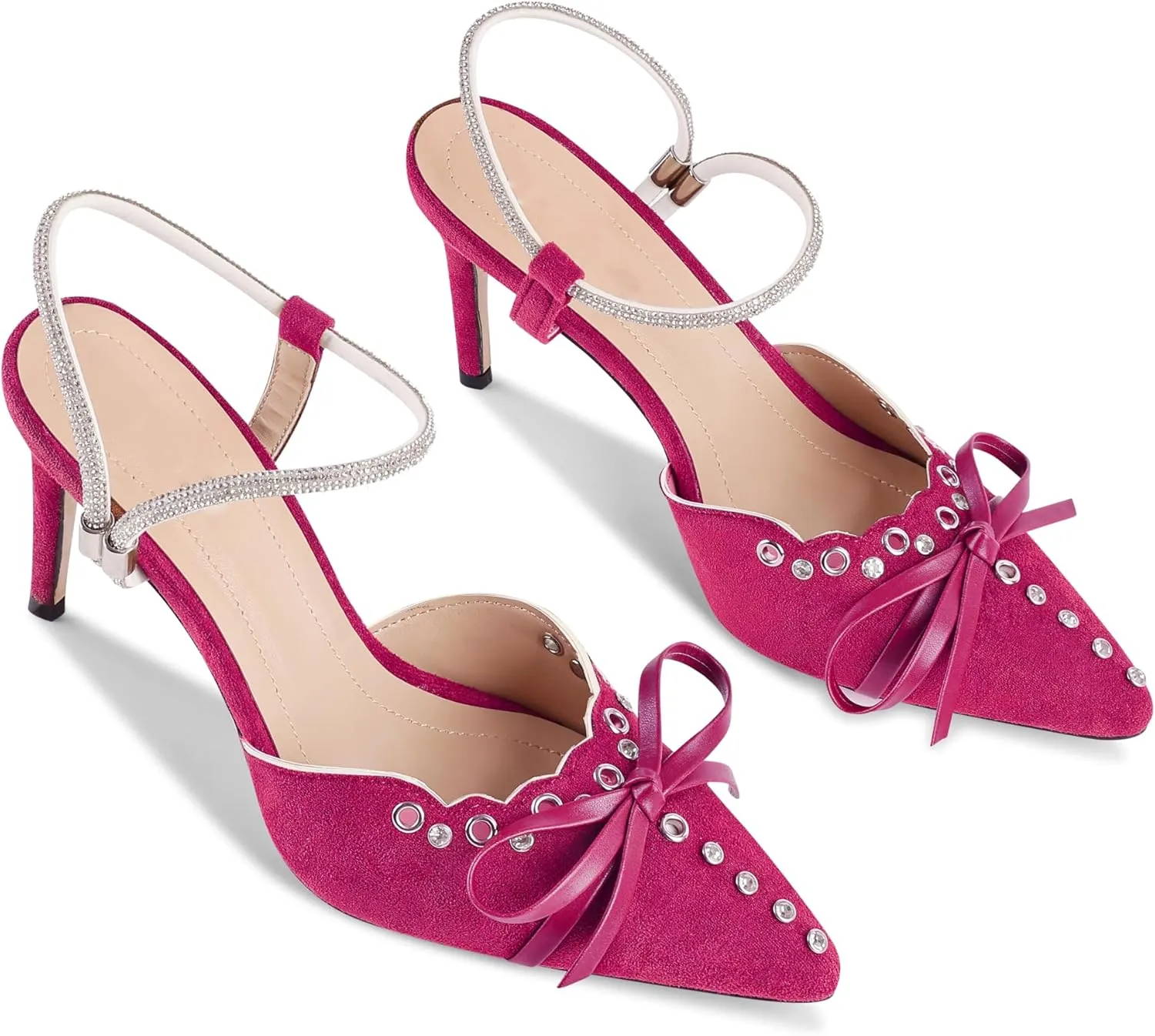 Fericzot Women's Pointed Toe Bow Tie Mule Heels Adjustable Strap Backless Studded Stilettos Slip On Dress Pump Shoes Party Wedding