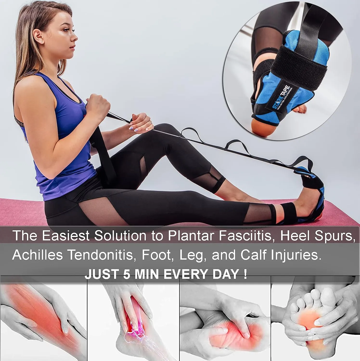 Fitness Foot and Leg Stretcher for Plantar Fasciitis, Improve Strength, Balance Stretches and Achilles Tendonitis, Stretch Loops for Hamstring, Quad, and Calf Pain Relief (Blue)