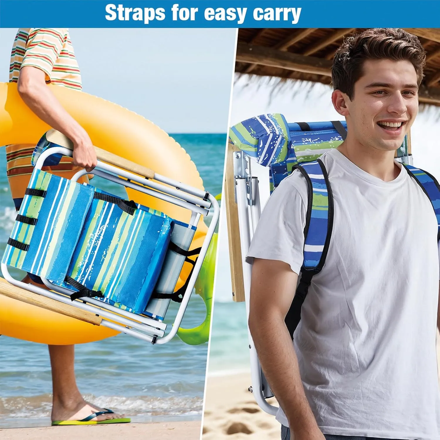 Folding Beach Chair Set of 2 for Adults, 4 Position Portable Backpack Foldable Camping Chair with Headrest Cup Holder and Wooden Armrests, Blue & Green Stripes