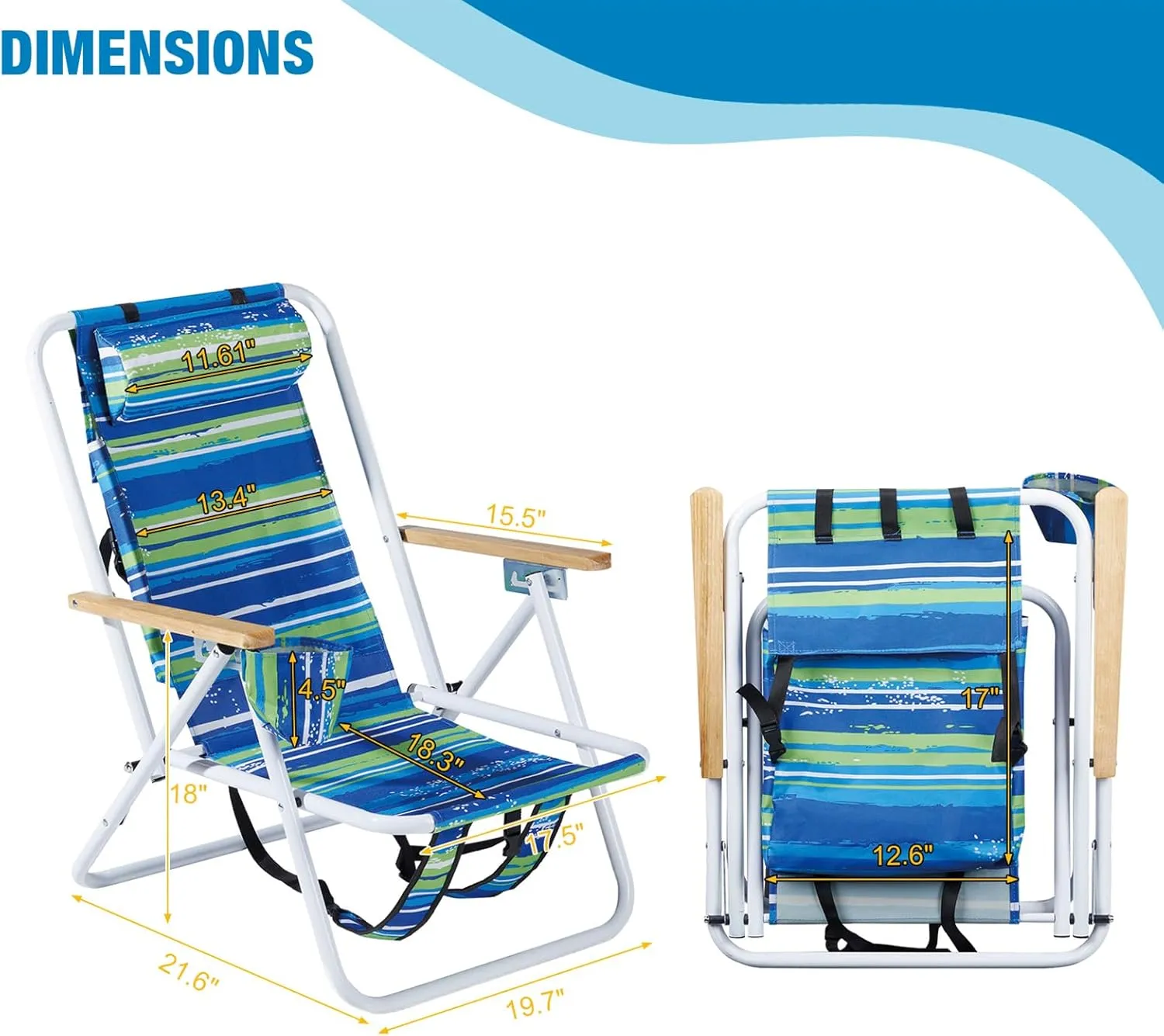 Folding Beach Chair Set of 2 for Adults, 4 Position Portable Backpack Foldable Camping Chair with Headrest Cup Holder and Wooden Armrests, Blue & Green Stripes