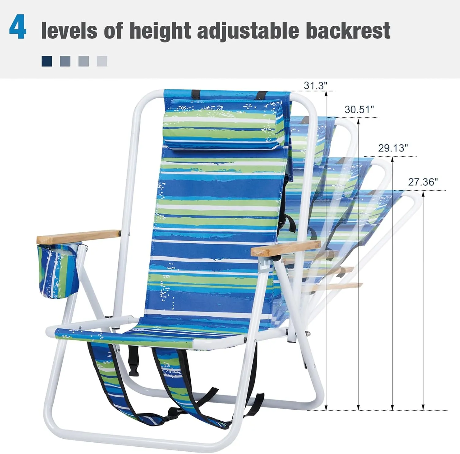 Folding Beach Chair Set of 2 for Adults, 4 Position Portable Backpack Foldable Camping Chair with Headrest Cup Holder and Wooden Armrests, Blue & Green Stripes