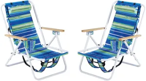 Folding Beach Chair Set of 2 for Adults, 4 Position Portable Backpack Foldable Camping Chair with Headrest Cup Holder and Wooden Armrests, Blue & Green Stripes