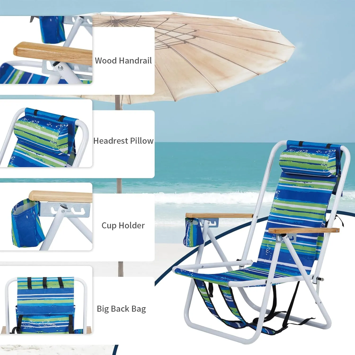 Folding Beach Chair Set of 2 for Adults, 4 Position Portable Backpack Foldable Camping Chair with Headrest Cup Holder and Wooden Armrests, Blue & Green Stripes