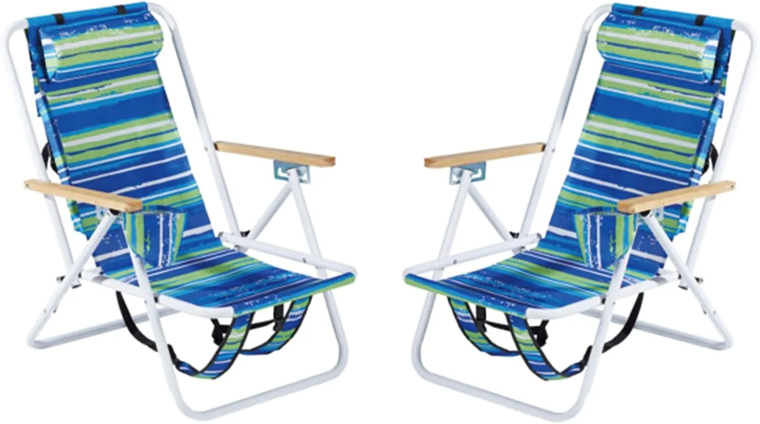 Folding Beach Chair Set of 2 for Adults, 4 Position Portable Backpack Foldable Camping Chair with Headrest Cup Holder and Wooden Armrests, Blue & Green Stripes