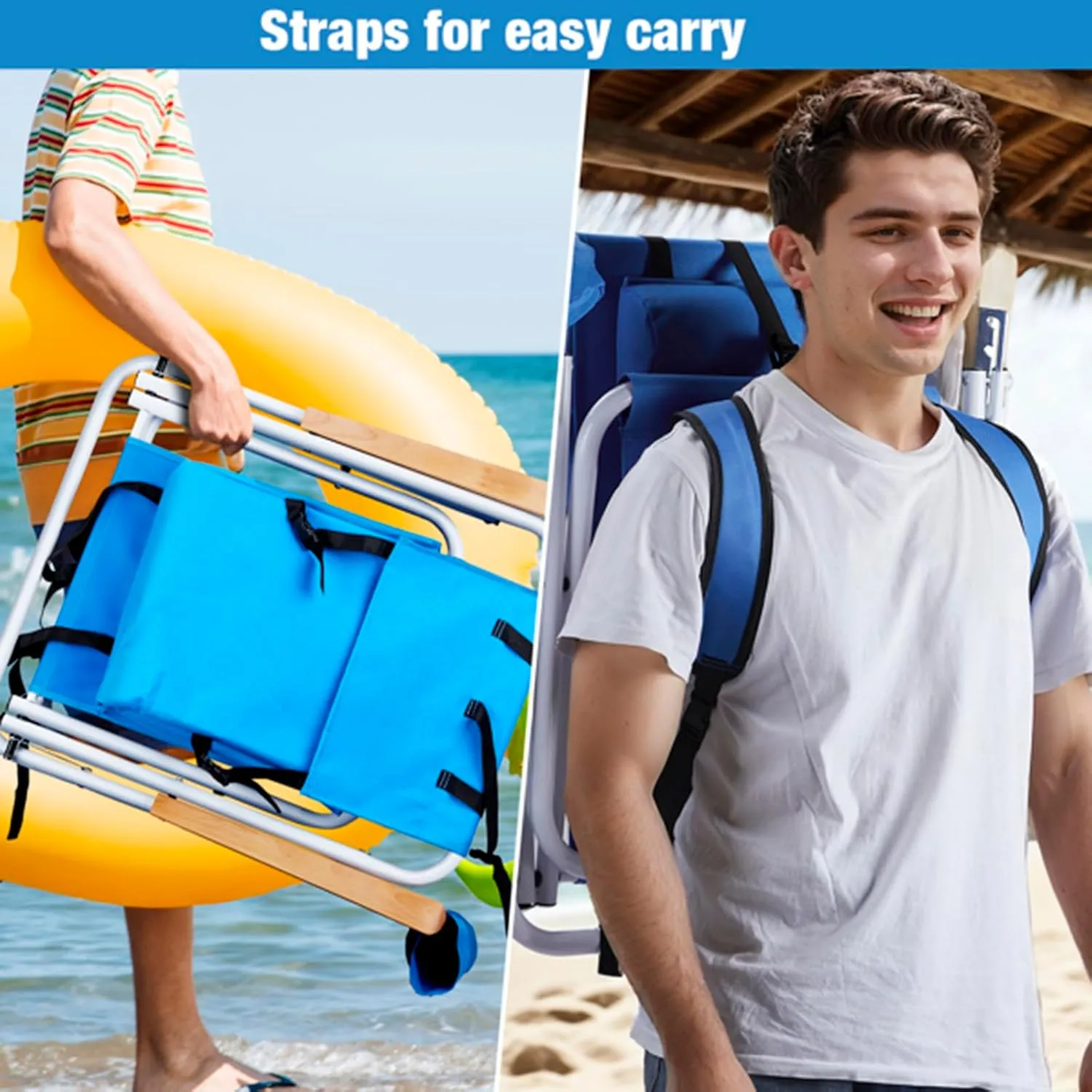 Folding Beach Chair Set of 2 for Adults,4 Position Portable Backpack Foldable Camping Chair with Headrest Cup Holder and Wooden Armrests,Adjustable high Beach Lounge Chairs for Outdoor (1PcsBlue)