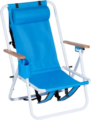 Folding Beach Chair Set of 2 for Adults,4 Position Portable Backpack Foldable Camping Chair with Headrest Cup Holder and Wooden Armrests,Adjustable high Beach Lounge Chairs for Outdoor (1PcsBlue)
