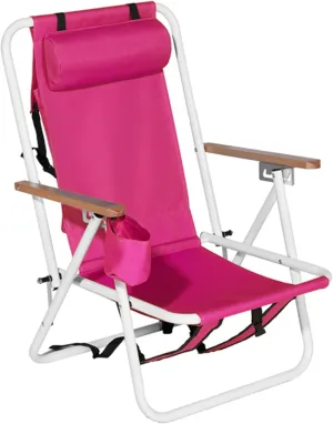 Folding Beach Chair Set of 2 for Adults,4 Position Portable Backpack Foldable Camping Chair with Headrest Cup Holder and Wooden Armrests,Adjustable high Beach Lounge Chairs for Outdoor (1PcsRed)