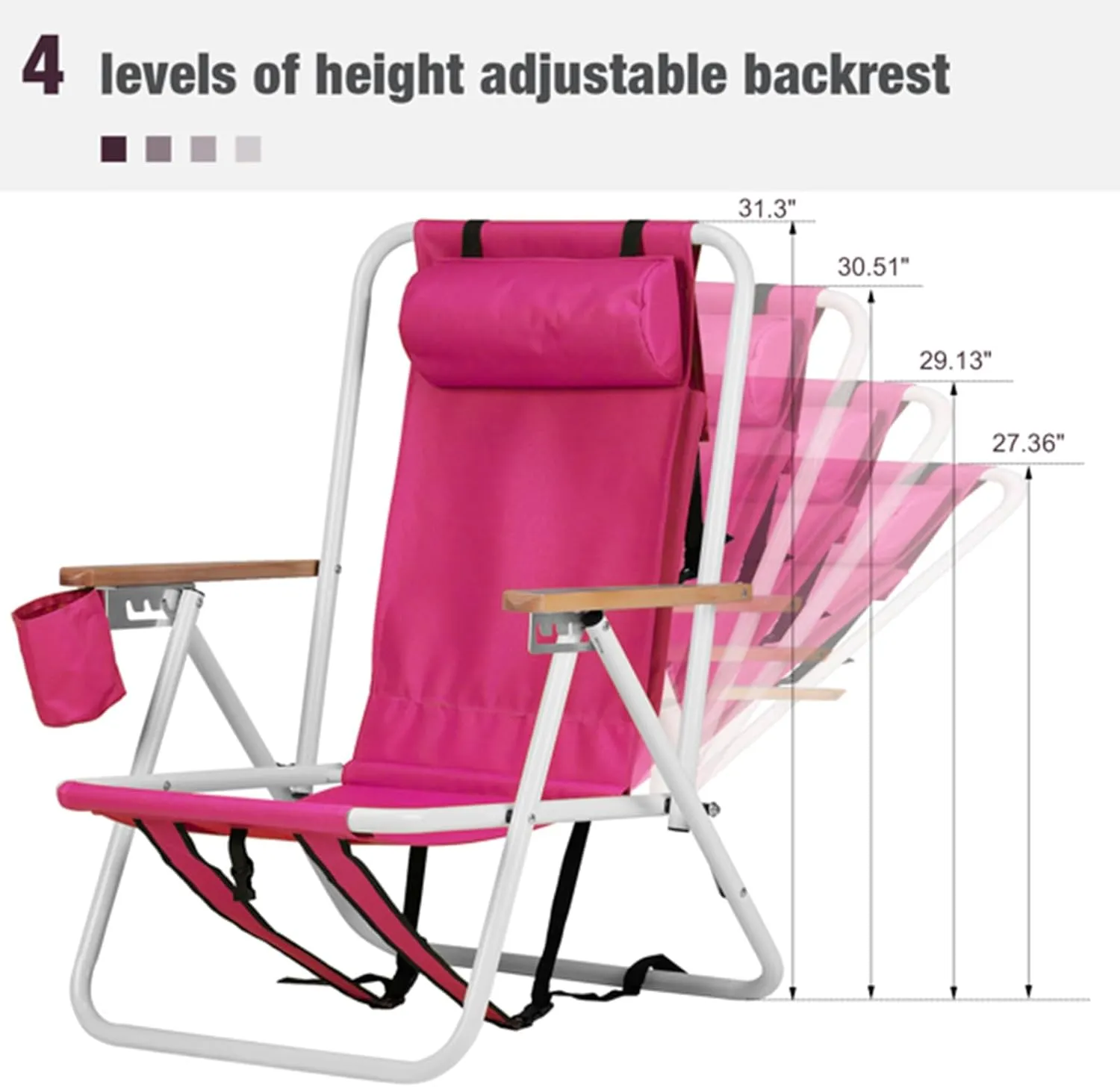 Folding Beach Chair Set of 2 for Adults,4 Position Portable Backpack Foldable Camping Chair with Headrest Cup Holder and Wooden Armrests,Adjustable high Beach Lounge Chairs for Outdoor (1PcsRed)