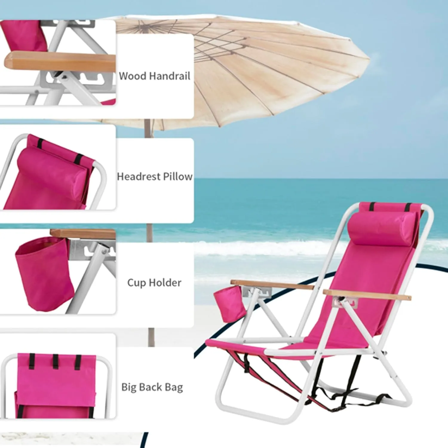 Folding Beach Chair Set of 2 for Adults,4 Position Portable Backpack Foldable Camping Chair with Headrest Cup Holder and Wooden Armrests,Adjustable high Beach Lounge Chairs for Outdoor (1PcsRed)