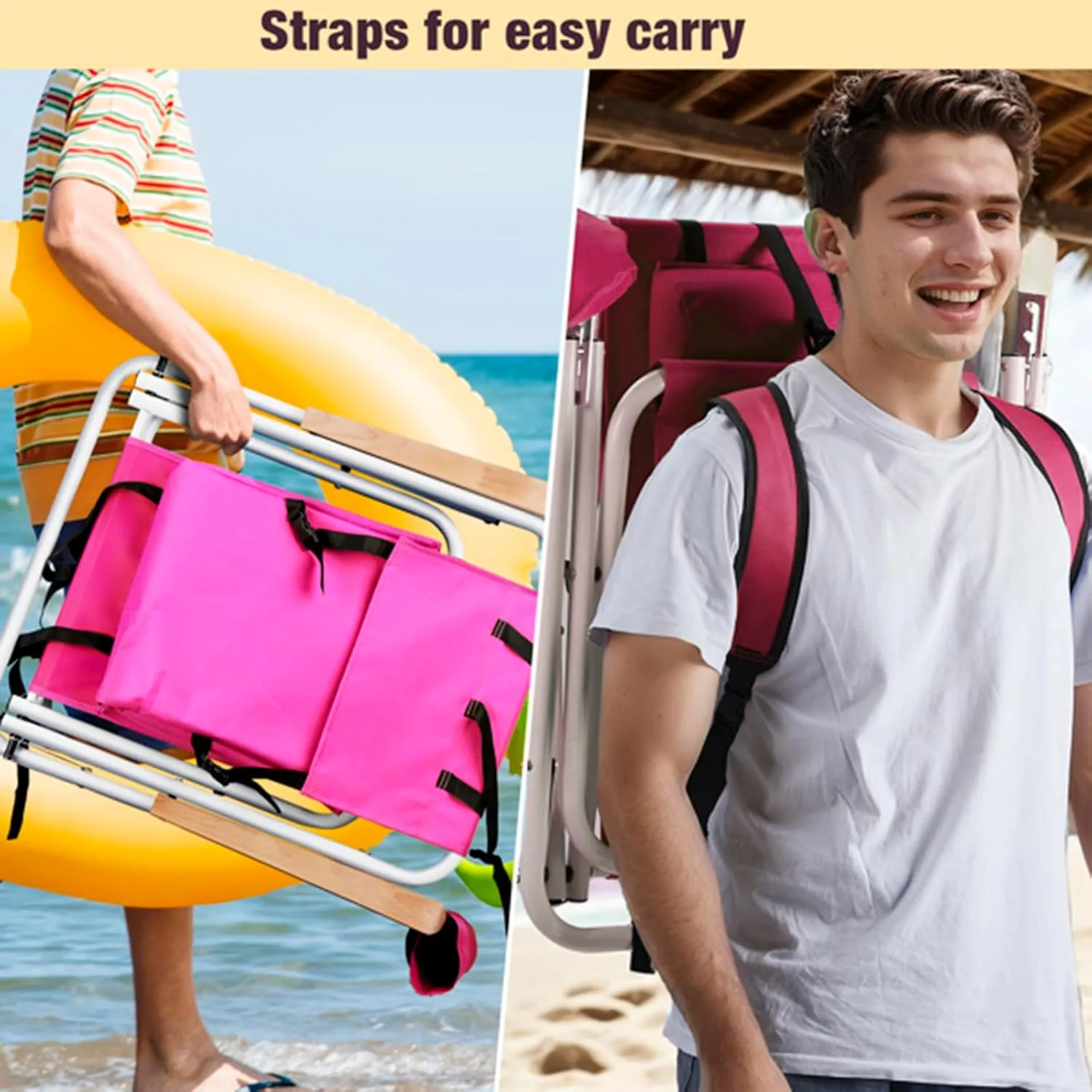 Folding Beach Chair Set of 2 for Adults,4 Position Portable Backpack Foldable Camping Chair with Headrest Cup Holder and Wooden Armrests,Adjustable high Beach Lounge Chairs for Outdoor (1PcsRed)