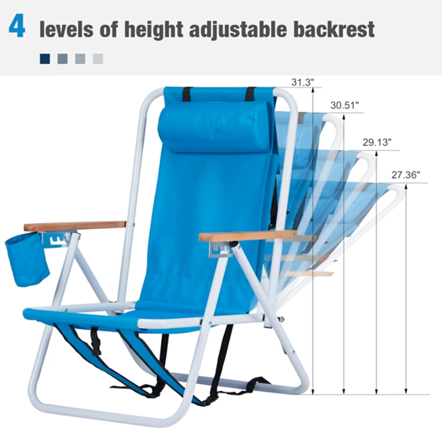 Folding Beach Chair Set of 2 for Adults,4 Position Portable Backpack Foldable Camping Chair with Headrest Cup Holder and Wooden Armrests,Adjustable high Beach Lounge Chairs for Outdoor (2PcsBlue)