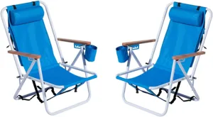 Folding Beach Chair Set of 2 for Adults,4 Position Portable Backpack Foldable Camping Chair with Headrest Cup Holder and Wooden Armrests,Adjustable high Beach Lounge Chairs for Outdoor (2PcsBlue)