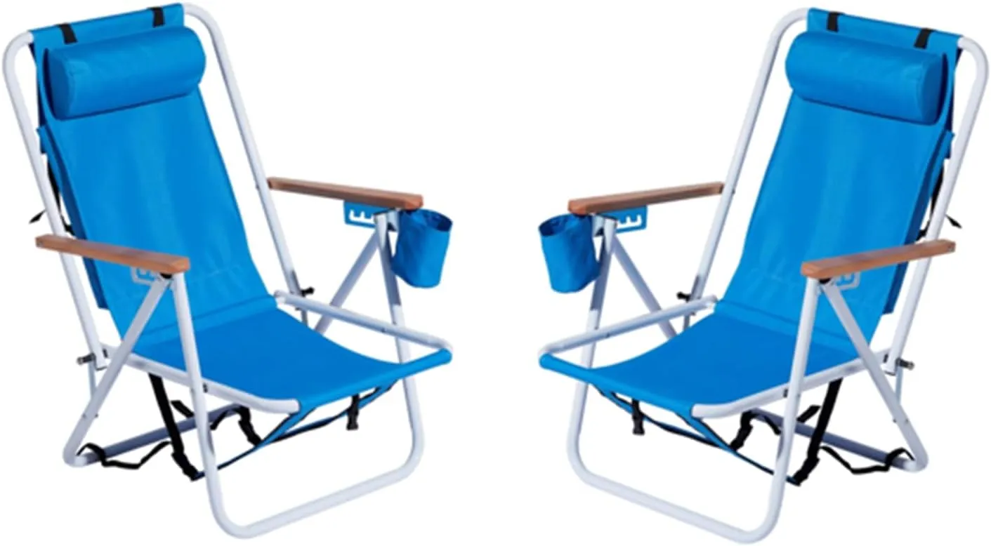 Folding Beach Chair Set of 2 for Adults,4 Position Portable Backpack Foldable Camping Chair with Headrest Cup Holder and Wooden Armrests,Adjustable high Beach Lounge Chairs for Outdoor (2PcsBlue)