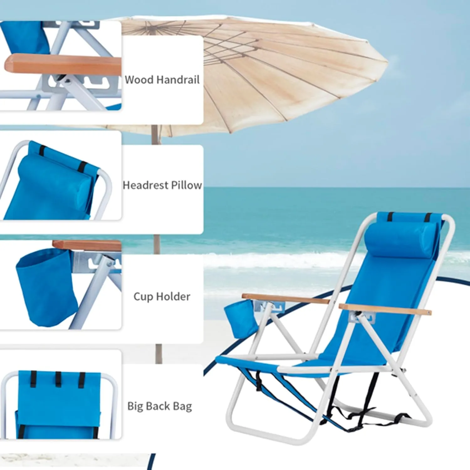 Folding Beach Chair Set of 2 for Adults,4 Position Portable Backpack Foldable Camping Chair with Headrest Cup Holder and Wooden Armrests,Adjustable high Beach Lounge Chairs for Outdoor (2PcsBlue)