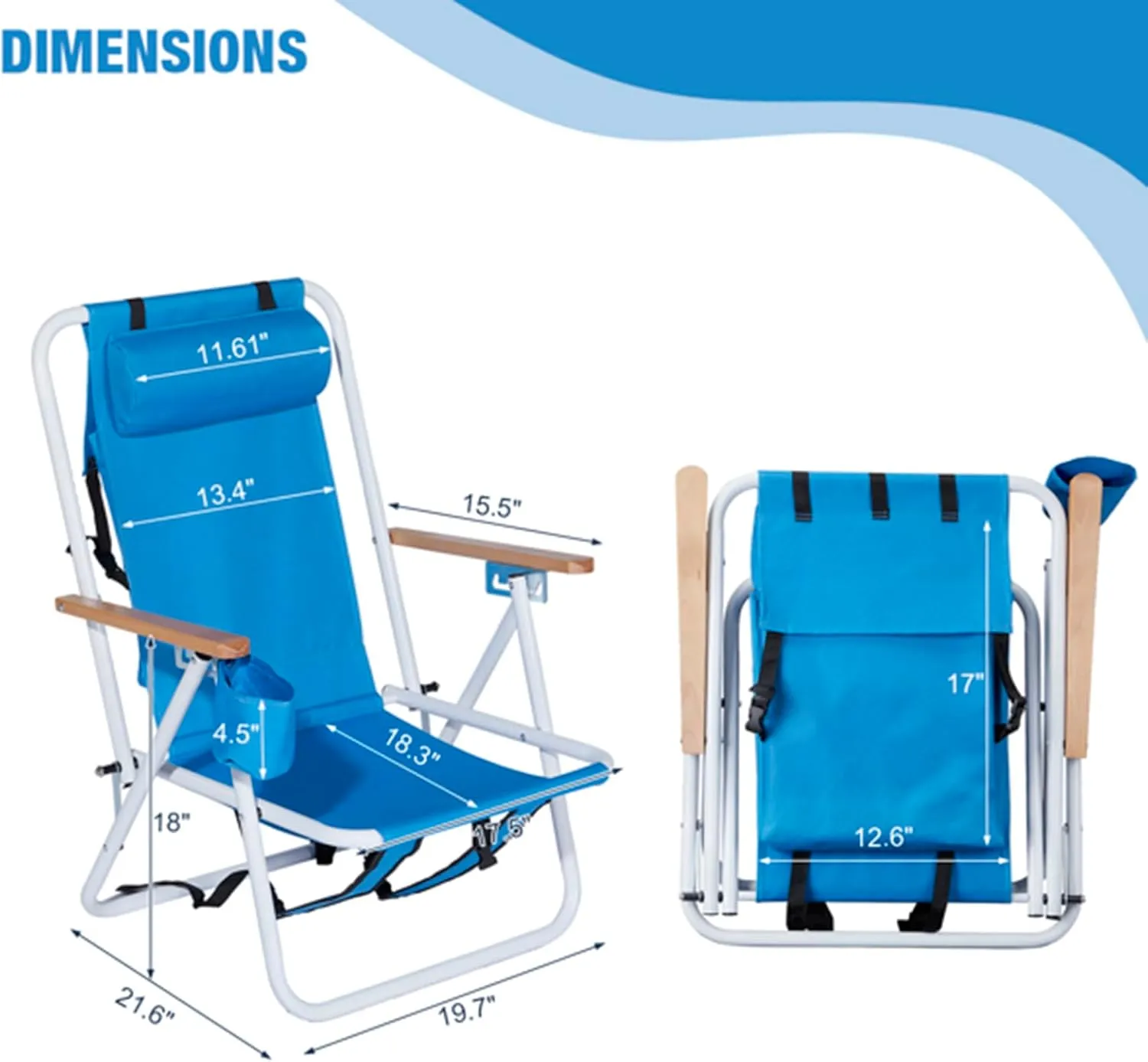 Folding Beach Chair Set of 2 for Adults,4 Position Portable Backpack Foldable Camping Chair with Headrest Cup Holder and Wooden Armrests,Adjustable high Beach Lounge Chairs for Outdoor (2PcsBlue)