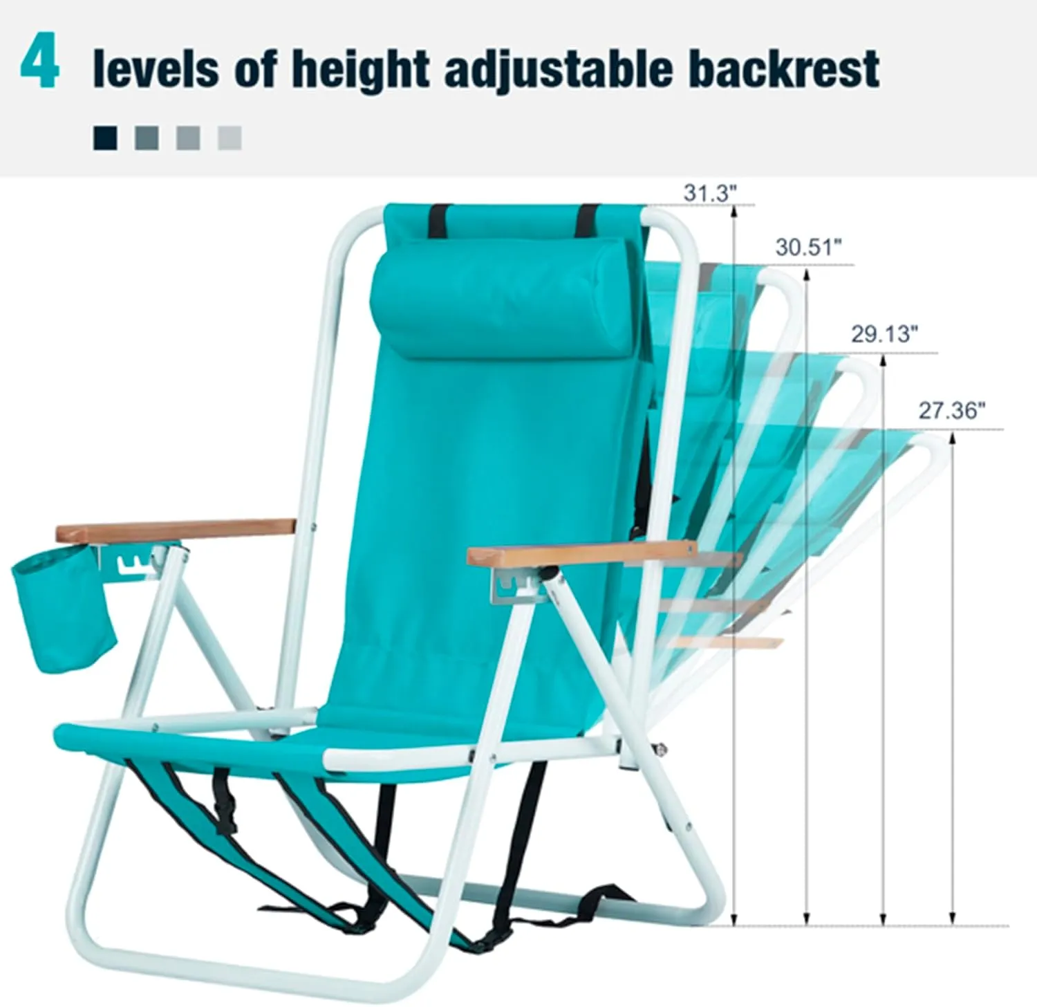 Folding Beach Chair Set of 2 for Adults,4 Position Portable Backpack Foldable Camping Chair with Headrest Cup Holder and Wooden Armrests,Adjustable high Beach Lounge Chairs for Outdoor (2PcsLightBlue)